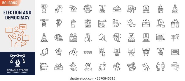 Election and democracy line icon set. Editable stroke. Containing as politics, vote, government, voting, campaign, political, candidate, president and more. Vector illustration