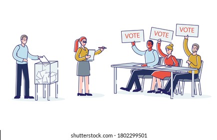 Election and democracy: people voting for candidate during president or government election and filling survey poll with social opinion. Politics and ballot concept. Linear vector illustration