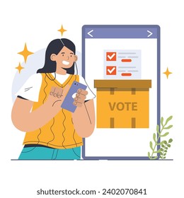 Election. Democratic procedure, citizens choosing political party or candidate by the electoral process. Character checking a ballot on a referendum. Flat vector illustration