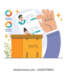 Election. Democratic procedure, citizens choosing political party or candidate by the electoral process. Character checking a ballot on a referendum. Flat vector illustration