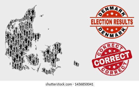 Election Denmark map and seal stamps. Red rounded Correct distress seal stamp. Black Denmark map mosaic of raised election hands. Vector composition for election results, with Correct imprint.