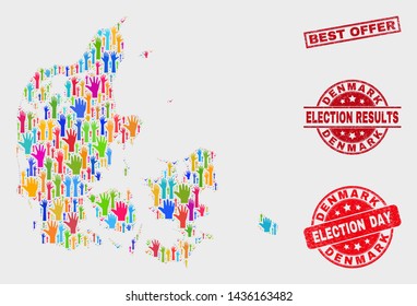 Election Denmark map and stamps. Red rectangular Best Offer scratched watermark. Bright Denmark map mosaic of raised up like hands. Vector collage for election day, and referendum results.
