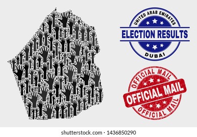 Election Dubai Emirate map and seal stamps. Red round Official Mail textured seal stamp. Black Dubai Emirate map mosaic of upwards volunteer hands. Vector collage for referendum results,