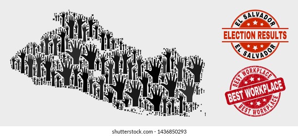 Election El Salvador map and watermarks. Red rounded Best Workplace scratched watermark. Black El Salvador map mosaic of raised selection hands. Vector composition for election results,