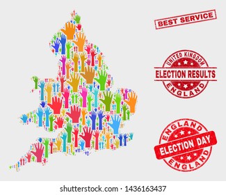 Election England map and watermarks. Red rectangular Best Service textured stamp. Bright England map mosaic of raised up election arms. Vector combination for election day, and ballot results.