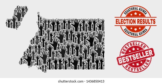 Election Equatorial Guinea map and watermarks. Red round Bestseller scratched seal stamp. Black Equatorial Guinea map mosaic of raised up support arms. Vector combination for election results,