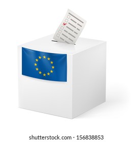 Election in European Union: ballot box with voicing paper isolated on white background.