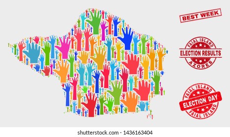Election Faial Island map and seals. Red rectangle Best Week scratched watermark. Colorful Faial Island map mosaic of upwards choice hands. Vector combination for election day, and referendum results.