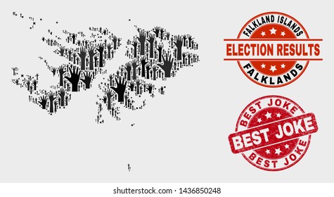 Election Falkland Islands map and seal stamps. Red rounded Best Joke textured seal stamp. Black Falkland Islands map mosaic of raised solution arms. Vector combination for election results,