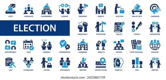 Election flat icons set. Voting, political, vote, democracy, online voting, debate, candidate rating, vote count icons and more signs. Flat icon collection.