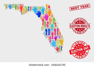 Election Florida State map and seals. Red rectangular Best Year distress stamp. Colored Florida State map mosaic of raised election hands. Vector composition for election day, and referendum results.