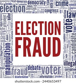Diseño conceptual de nube de palabras de fraude electoral aislado sobre fondo blanco.