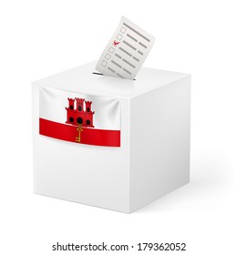 Election in Gibraltar: ballot box with voting paper on white background