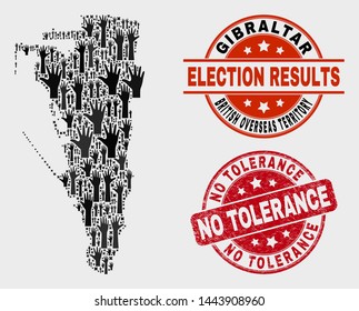 Election Gibraltar map and stamps. Red round No Tolerance grunge stamp. Black Gibraltar map mosaic of raised up election hands. Vector composition for election results, with No Tolerance seal stamp.