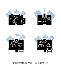 Election glyph icons set. Winner, loser, id card, fake paper. Choice, vote concept. Democracy. Parliamentary or presidential elections.Filled flat signs. Isolated silhouette vector illustrations