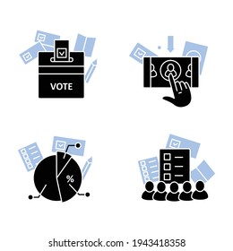 Election glyph icons set.Election box, electoral colegue, voting poll. Choice, vote concept. Democracy. Parliamentary elections.Filled flat signs. Isolated silhouette vector illustrations