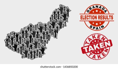 Election Granada Province map and seals. Red round Taken scratched seal stamp. Black Granada Province map mosaic of raised choice hands. Vector collage for election results, with Taken seal.