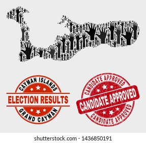 Election Grand Cayman Island map and watermarks. Red rounded Candidate Approved textured stamp. Black Grand Cayman Island map mosaic of raised agree arms. Vector combination for election results,
