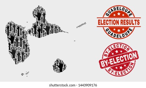 Election Guadeloupe map and stamps. Red round By-Election distress seal. Black Guadeloupe map mosaic of raised election arms. Vector composition for voting results, with By-Election watermark.