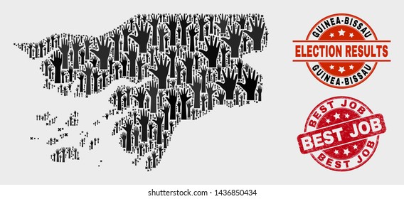 Election Guinea-Bissau map and stamps. Red round Best Job textured seal stamp. Black Guinea-Bissau map mosaic of raised voting arms. Vector composition for election results, with Best Job seal.
