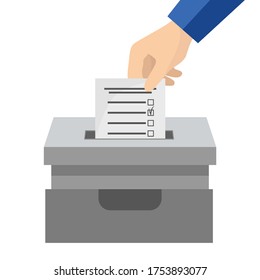 Wahl. Die Hand wirft den Stimmzettel in den Wahlzettel. Soziale und politische Entscheidungen. Zivilrechtliche Haftung. Vektorgrafik einzeln auf weißem Hintergrund für Design und Web.