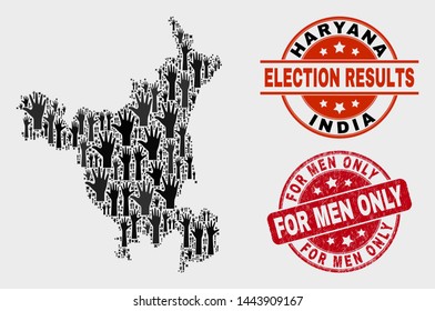 Election Haryana State map and seal stamps. Red round For Men Only grunge stamp. Black Haryana State map mosaic of raised up help arms. Vector collage for election results,