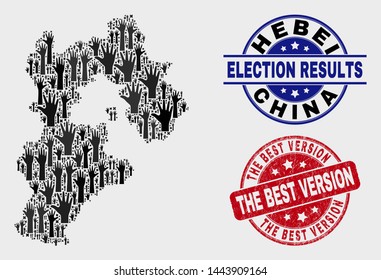 Election Hebei Province map and stamps. Red rounded The Best Version grunge seal stamp. Black Hebei Province map mosaic of raised vote hands. Vector combination for election results,