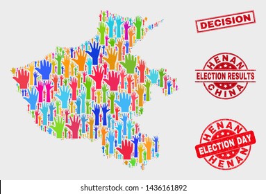 Election Henan Province map and seal stamps. Red rectangle Decision grunge seal stamp. Colorful Henan Province map mosaic of upwards volunteer arms. Vector combination for election day,