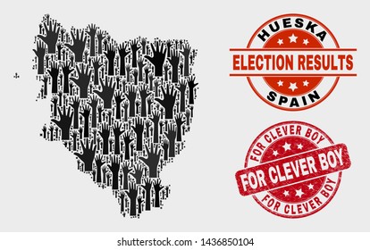 Election Hueska Province map and seal stamps. Red rounded For Clever Boy scratched seal stamp. Black Hueska Province map mosaic of raised support hands. Vector combination for election results,