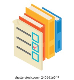 Election icon isometric vector. Ballot with checkmark and stack of colored book. Vote, referendum, election concept
