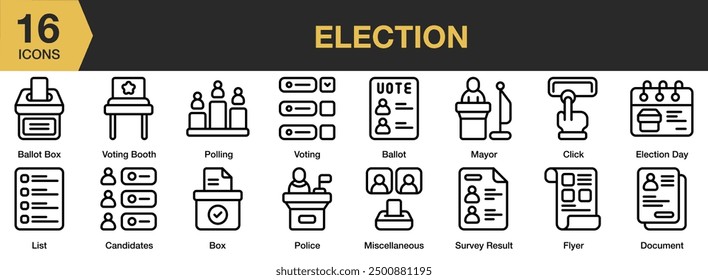 Election icon set. Includes ballot box, candidates, mayor, police, polling, survey result, and More. Outline icons vector collection.