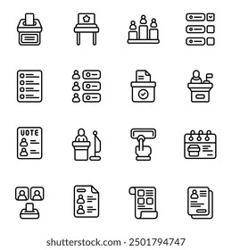 Election icon set. Includes ballot box, candidates, mayor, police, polling, survey result, and More. Outline icons vector collection.