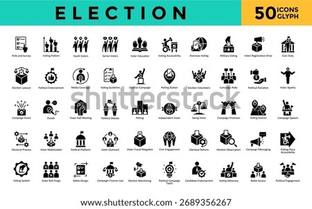 Election icons set with polls and survey, voting pattern, youth voters, senior voters, voter education, voting accessibility, overseas voting, military voting icon. Simple glyph vector 
