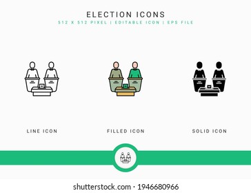 Los iconos electorales establecen la ilustración vectorial con el estilo de línea de iconos sólidos. Concepto de voto público del gobierno. Icono de trazo editable en fondo aislado para diseño web, interfaz de usuario y aplicación móvil
