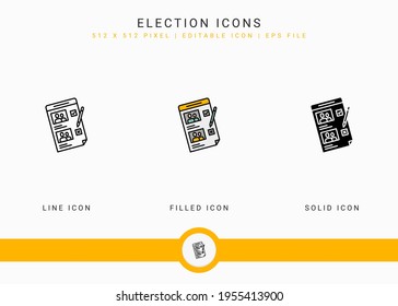 Los iconos electorales establecen la ilustración vectorial con el estilo de línea de iconos sólidos. Concepto de voto público del gobierno. Icono de trazo editable en fondo aislado para diseño web, interfaz de usuario y aplicación móvil