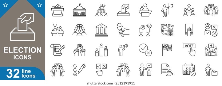 Election icons set. Voting, ballot, us, democracy, polling station, results, freedom, candidate, electoral process and more. vector illustrator.