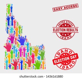 Election Idaho State map and watermarks. Red rectangle Easy Access scratched stamp. Colored Idaho State map mosaic of raised up election arms. Vector composition for election day, and ballot results.