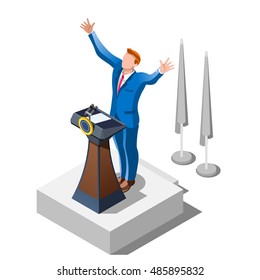 Election infographic. Us Democrat Republican party candidate trump convention. Usa symbol Presidential debate vector icon. Opponent rally flat isolated concept congress tribune auditorium pedestal