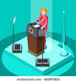 Election infographic. Us Democrat Republican party candidate convention. Usa symbol Presidential debate vector icon. Trump opponent rally flat isolated concept congress tribune auditorium pedestal