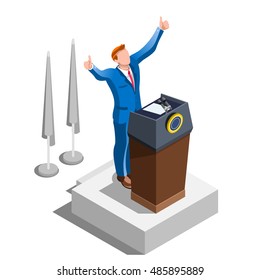 Election infographic. Us Democrat Republican party candidate convention. Usa symbol Presidential debate vector icon. Trump opponent rally. Flat isolated concept congress tribune auditorium pedestal