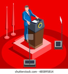 Election infographic. Us senate Democrat Republican party candidate convention. Usa symbol Presidential debate vector icon. Opponent rally flat isolated congress tribune auditorium trump pedestal