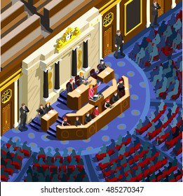 Election infographic. Us Usa senate Democrat Republican convention hall. Usa capitol dome Party presidential debate endorsement. Opponent trump flat congress tribune auditorium audience Vector Image