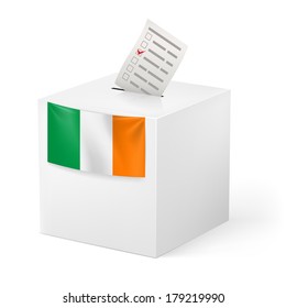Election in Ireland: ballot box with voting paper on white background