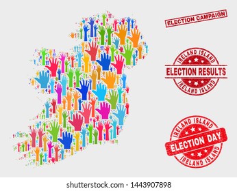 Election Ireland Island map and seal stamps. Red rectangle Election Campaign grunge seal stamp. Colorful Ireland Island map mosaic of upwards raising arms. Vector collage for election day,