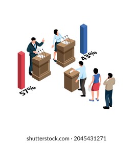 Composición isométrica electoral con personajes de los candidatos e ilustración vectorial de los votantes