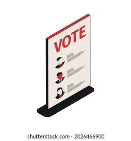 Election isometric composition with isolated image of paper with list of candidates and their programs vector illustration