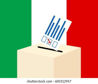 Election in Italy. Voting paper and a ballot box with italian flag on a background, flat design, vector illustration
