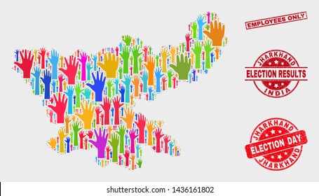 Election Jharkhand State map and seal stamps. Red rectangular Employees Only scratched seal. Bright Jharkhand State map mosaic of raised electoral arms. Vector combination for election day,