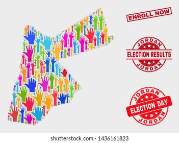 Election Jordan map and seal stamps. Red rectangle Enroll Now grunge seal. Bright Jordan map mosaic of upwards support arms. Vector composition for election day, and referendum results.