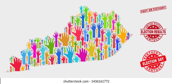 Election Kentucky State map and seals. Red rectangle Fact or Fiction? textured stamp. Bright Kentucky State map mosaic of raised support hands. Vector collage for election day, and ballot results.